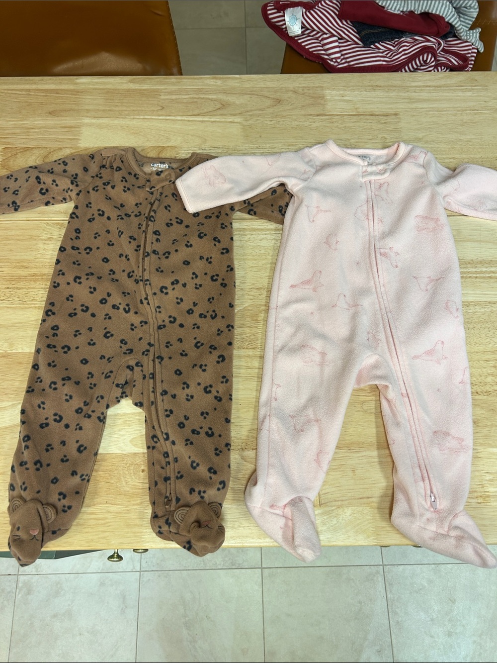 Carter's Pink and Brown Fleece Footed Baby One-Pieces, Set of 2